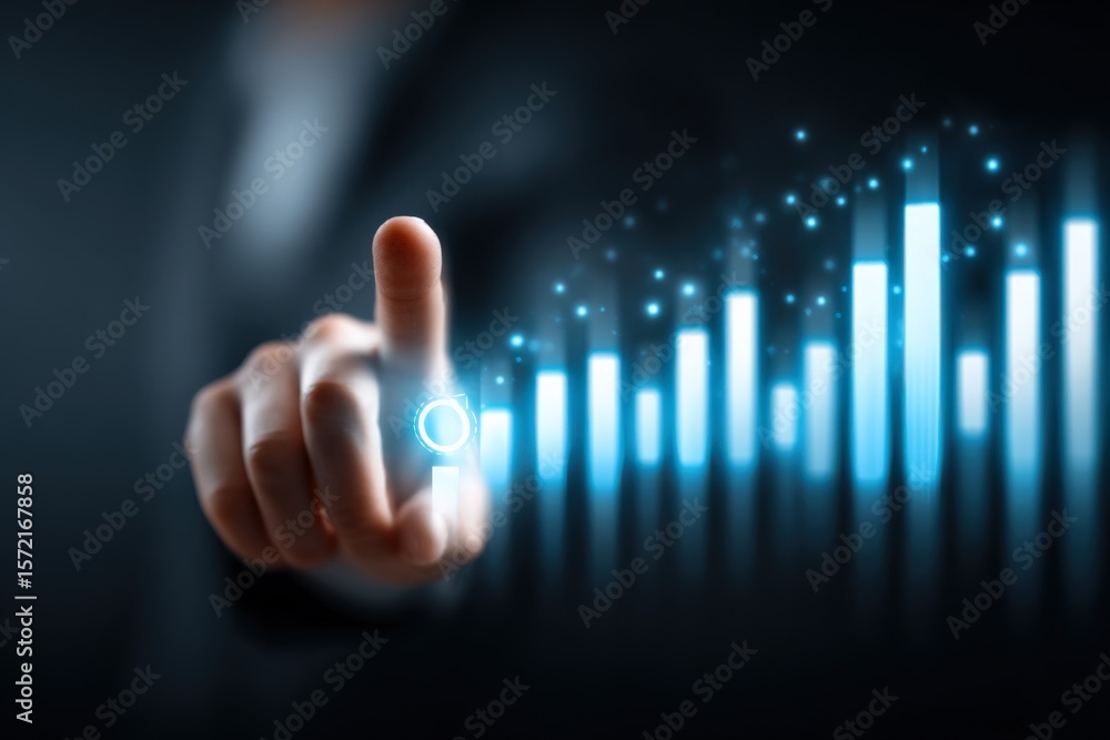 Poster business person touching digital graphs and data visualization on screen showing growth statistics i