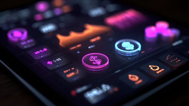 Advanced digital banking mobile app interface showing financial graphs icons and colorful purple and orange elements on a futuristic touchscreen device