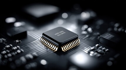 Close-up of a modern microprocessor chip mounted on a printed circuit board with electronic components and circuits in the background