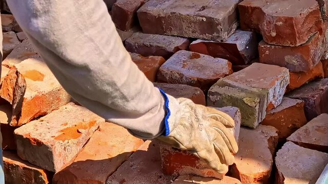 Gloved hand picking up weathered red brick from large outdoor stack pile