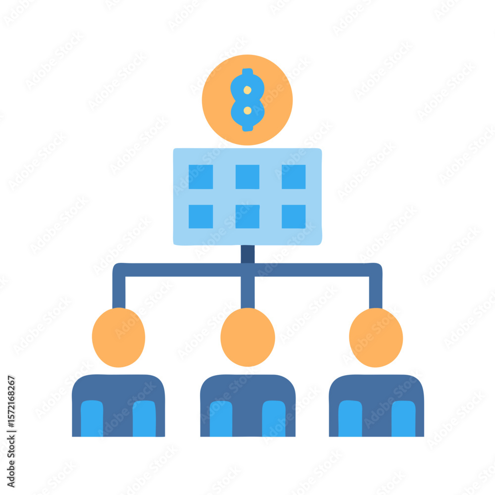 Poster organizational chart displaying a hierarchical structure with financial focus