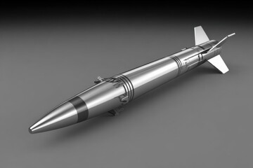 Highly detailed realistic 3D render of a modern missile with sleek metallic body and stabilizing fins on a plain dark background