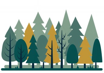 Stylized forest illustration with evergreen and deciduous trees, flat design