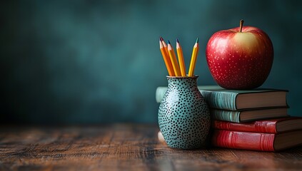 Colorful Pencils, Apple, and Books on a Wooden Tabletop