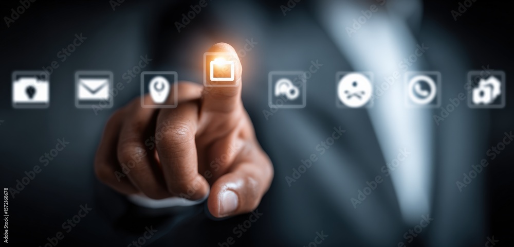 Poster modern technology interface with a person pressing a glowing security or lock icon on digital screen