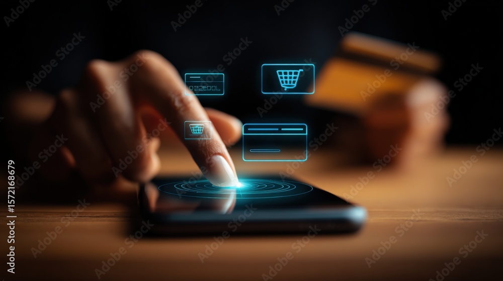 Poster modern digital shopping and online banking concept with finger tapping on smartphone screen displayi