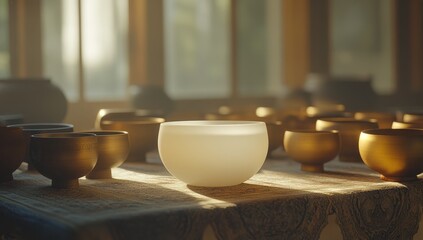 Sunlight illuminates a collection of meditation bowls, featuring a prominent, frosted white bowl in the center.