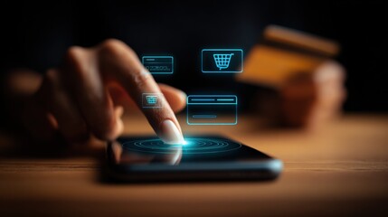 Modern digital shopping and online banking concept with finger tapping on smartphone screen displaying e-commerce icons and payment options