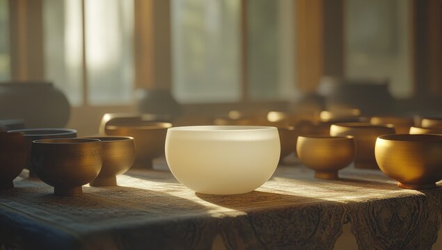 Sunlight illuminates a collection of meditation bowls, featuring a prominent, frosted white bowl in the center.