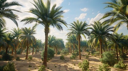Fototapeta premium A landscape view of a lush date palm grove in the middle of the desert
