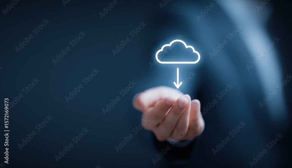 Poster businessman holding a digital cloud icon representing cloud computing technology and data storage in