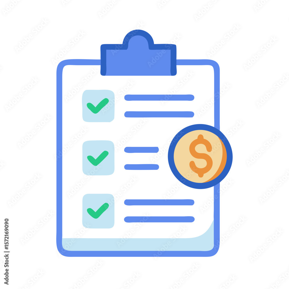 Poster clipboard with checklist and coin symbol on white background