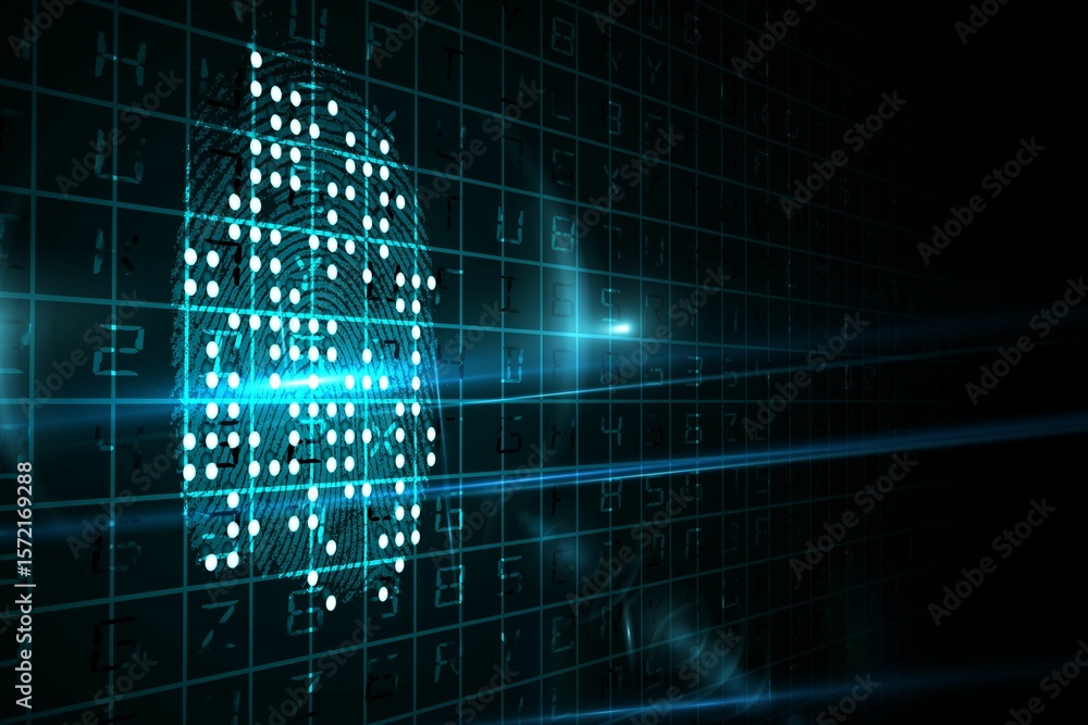 Poster flat design security interface is showing fingerprint over turquoise code grid with blue streaks