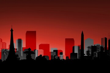 Obraz premium Silhouetted skyline is showing Eiffel tower, fountain, obelisk, towers and trees against sunset sky