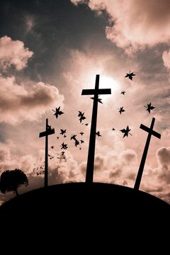 Fototapeta Cross religion symbol shape over sunset sky