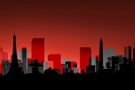 Fototapeta Silhouetted skyline is showing Eiffel tower, fountain, obelisk, towers and trees against sunset sky