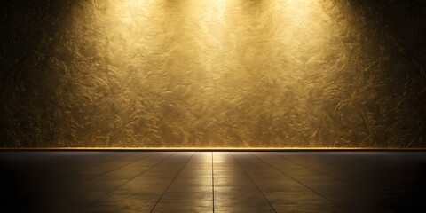 Luxurious gold textured wall and reflective floor with dramatic spotlighting