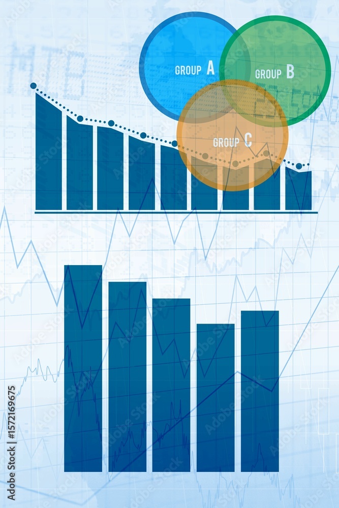 Poster flat data visualization showing two bar charts on blue grid with dotted line and group circles
