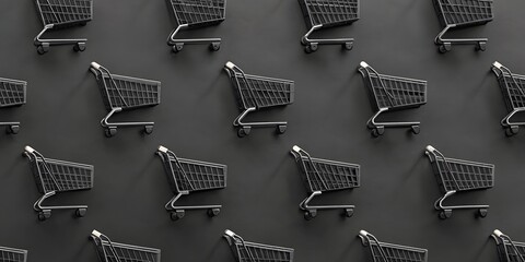Seamless pattern of miniature silver shopping carts on a dark gray background