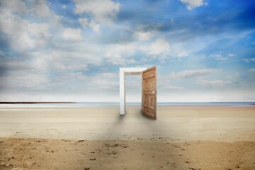 Flat design is showing wooden door in white frame on sandy beach meeting calm sea horizon