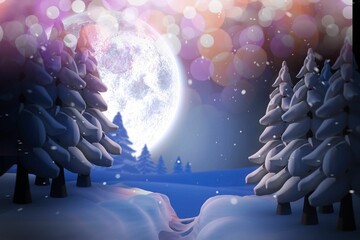 Fototapeta premium Full moon is glowing over nighttime flat design with snowy path, evergreens, falling snow and bokeh