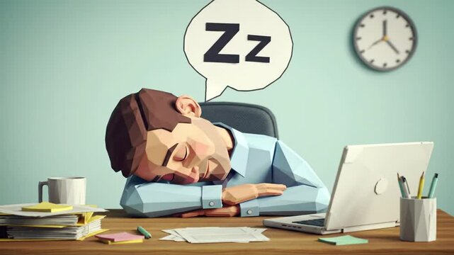 Polygonal Man Napping at His Desk with "Zz" Thought Bubble