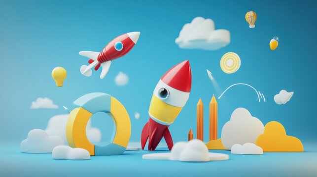 Whimsical 3D Render Depicting Rocket Launch and Creative Concept Exploration