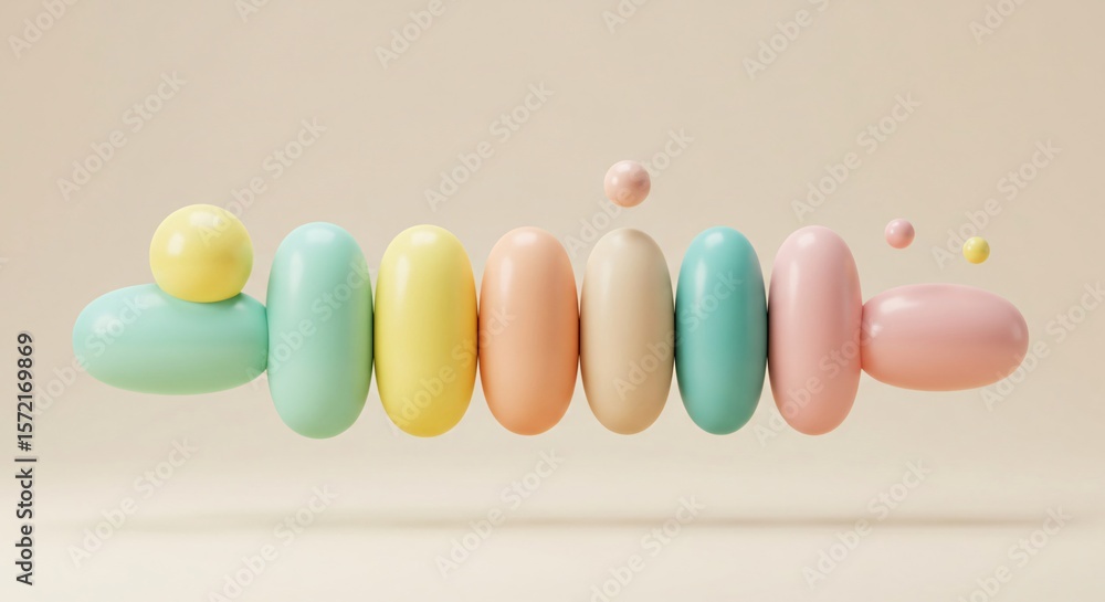 Poster pastel colored shapes arranged in a row with floating spheres on a beige background