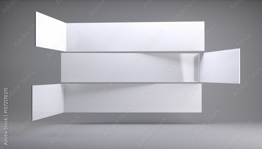 Poster displaying three floating white panels tilting in flat design grey studio space with soft shadows