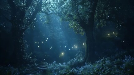 Magical forest scenery with fantasy elements at night