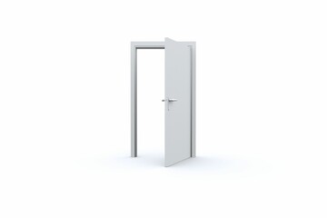 Naklejka premium White hinged door is standing half open in flat vector design, showing silver handle, copy space