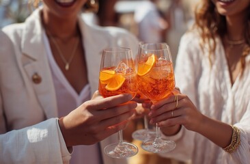 Close-up group toasting with orange cocktails in glasses, three professionals in white shirts against light beige background, warm sunlight for corporate hospitality advertising