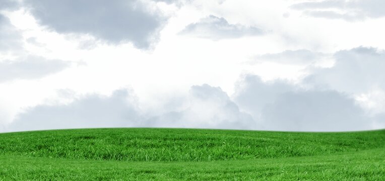 Fototapeta Bright green rolling hill is stretching under cloudy sky in flat design, with layered clouds