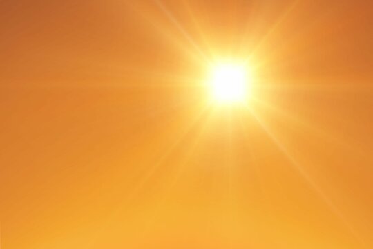 Naklejki Sun is shining in flat design sky with smooth orange-to-gold gradient and starburst rays