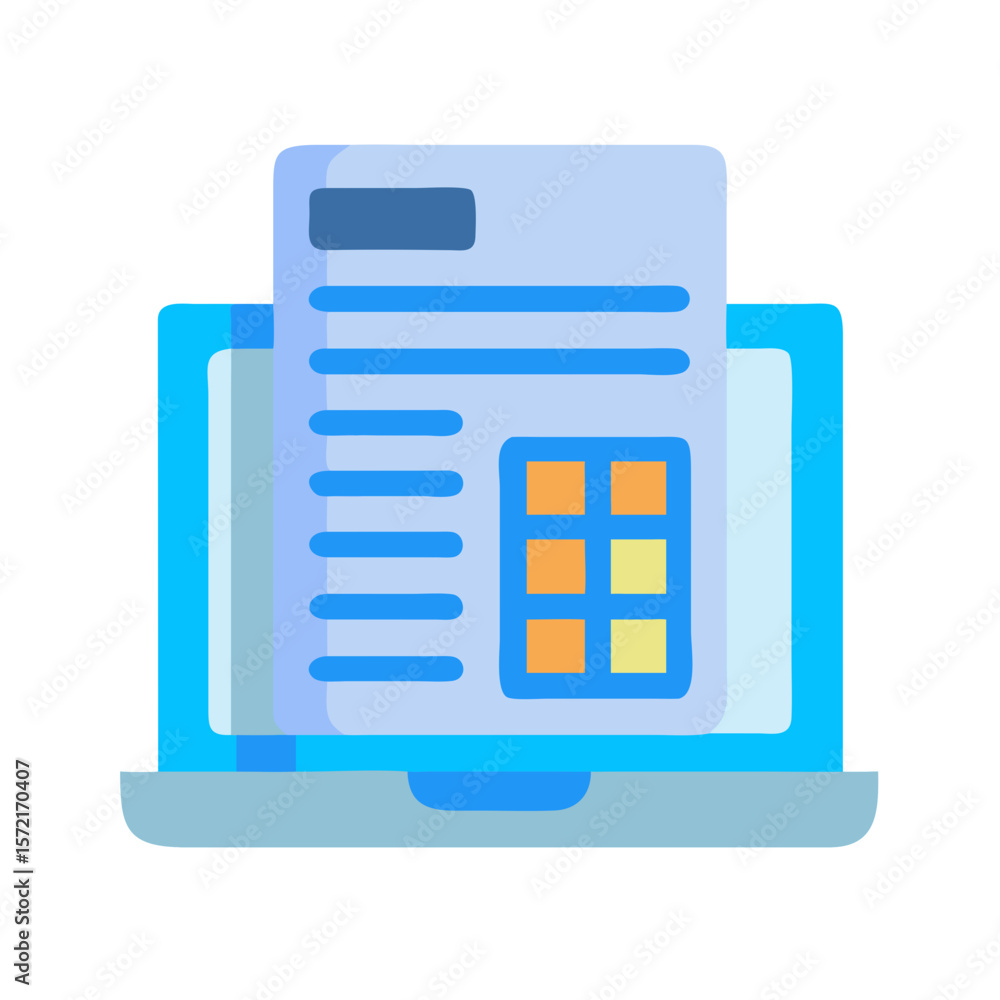 Poster laptop with document showing business data in flat style