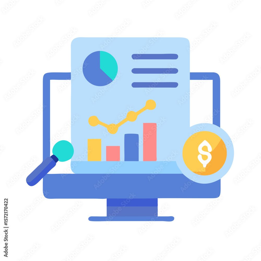 Poster financial data analysis on computer screen with dollar coin