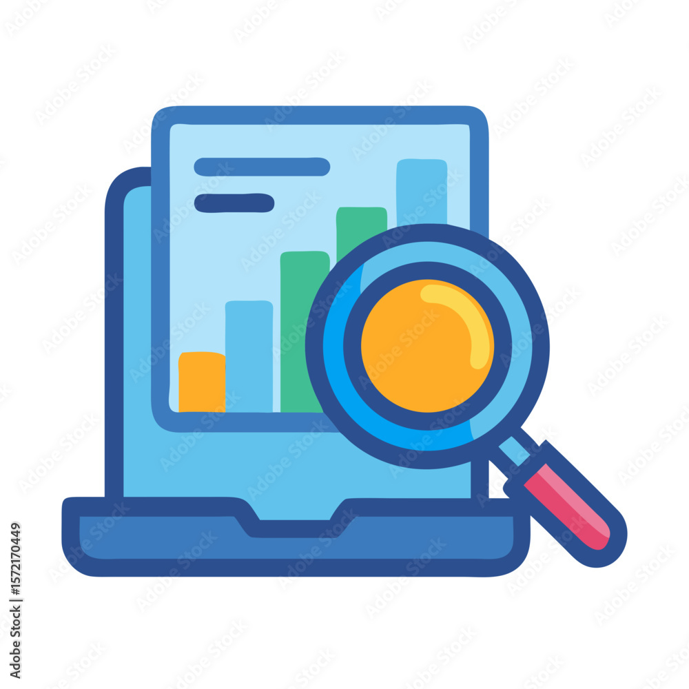 Poster laptop analyzing bar graphs with magnifying glass for investigation