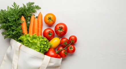 Fresh Organic Vegetables in a Reusable Cotton Bag on Light Background
