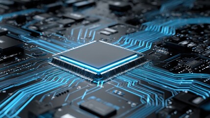 AI circuit board with blue lines, electronics components, processor and chip illustration