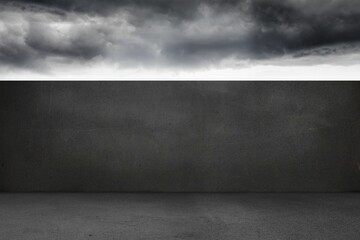 Minimalistic flat design showing storm clouds gathering above white horizon over concrete courtyard