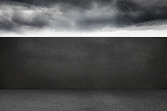 Minimalistic flat design showing storm clouds gathering above white horizon over concrete courtyard