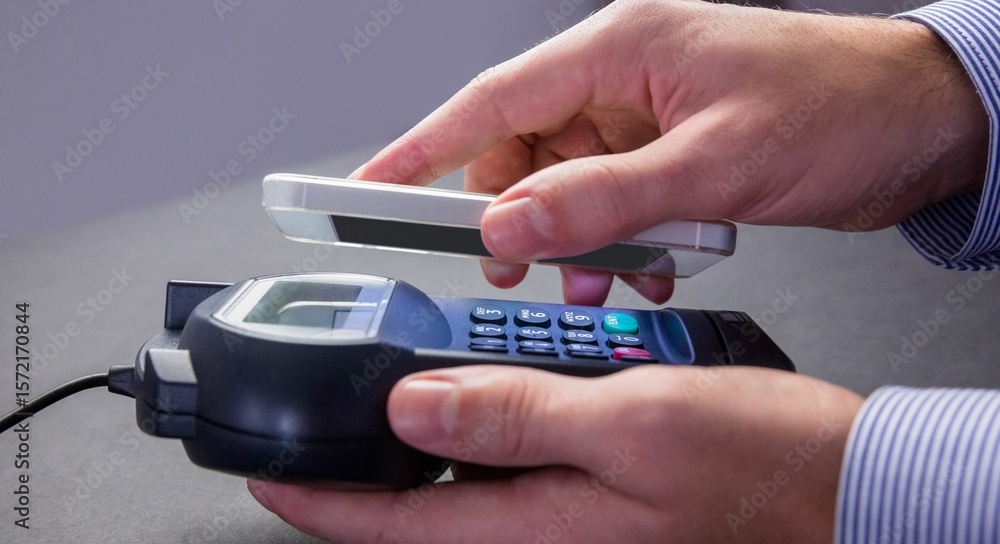 Poster man using smartphone to express pay