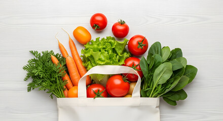 Fresh Organic Vegetables in Eco Friendly Cotton Bag on Light Wooden Background