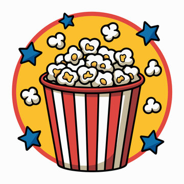 Illustration of popcorn bucket with stars for movie night or snack time vector graphic design element