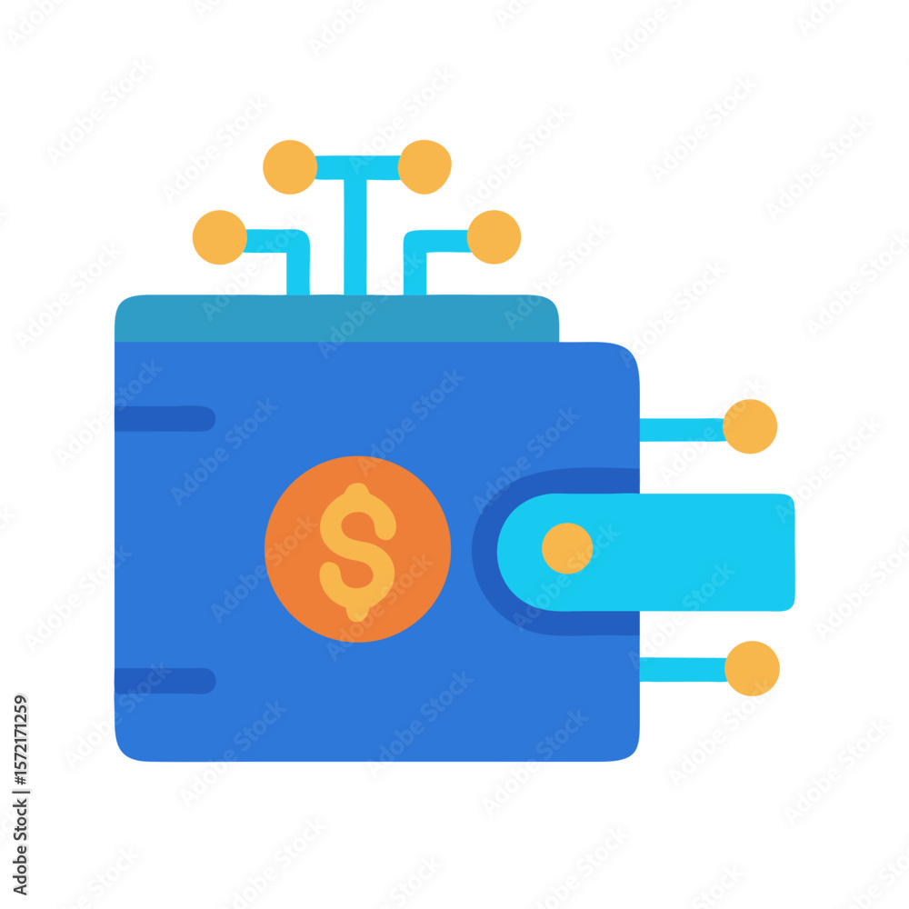Poster digital wallet with connected nodes depicting cryptocurrency technology