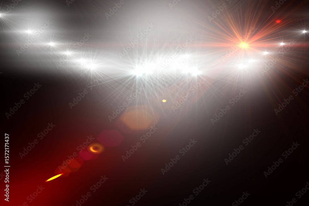 Poster cluster of white and orange lens flares is streaming across cgi dark field, with hexagonal bokeh