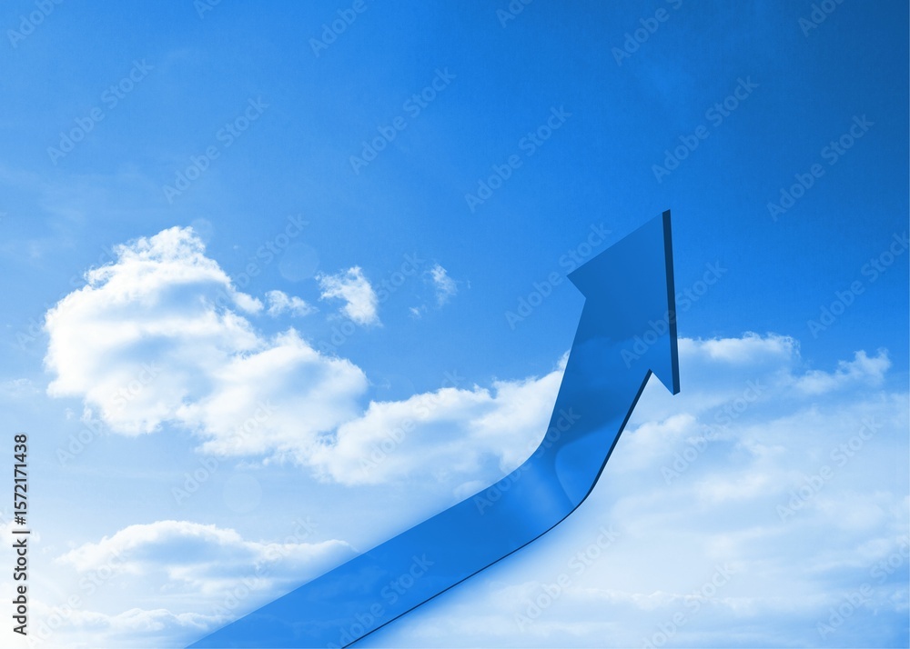 Poster large glossy blue arrow is curving upward in digital rendering of bright sky with scattered clouds