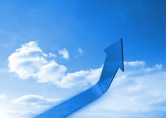 Large glossy blue arrow is curving upward in digital rendering of bright sky with scattered clouds