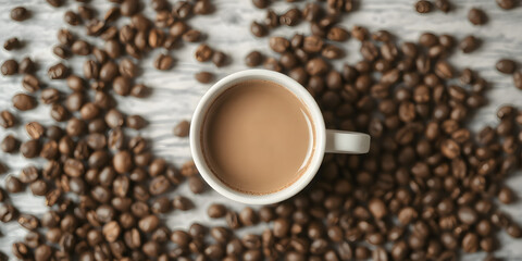 Naklejka premium Flat lay of coffee mug with coffee beans around, background blur, logo space in center