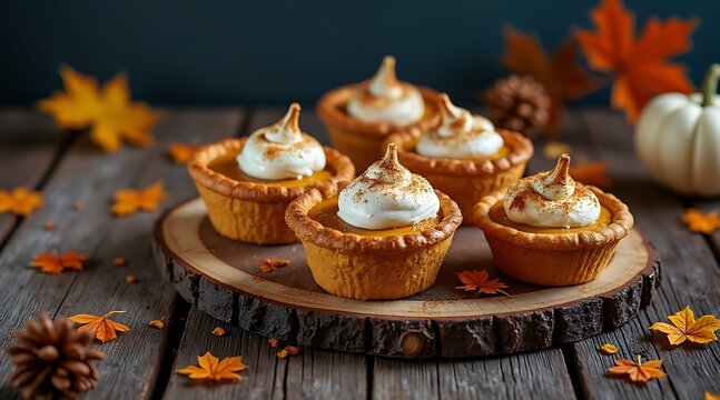 Delicious mini pumpkin pies topped with whipped cream and cinnamon on a rustic wooden table with autumn leaves - Powered by Adobe